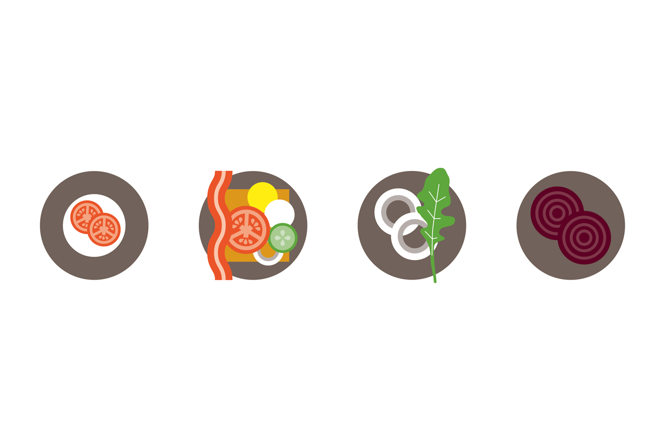 Four food icons from The Henry Ford Magazine showing tomato, bacon, onion, lettuce and beets