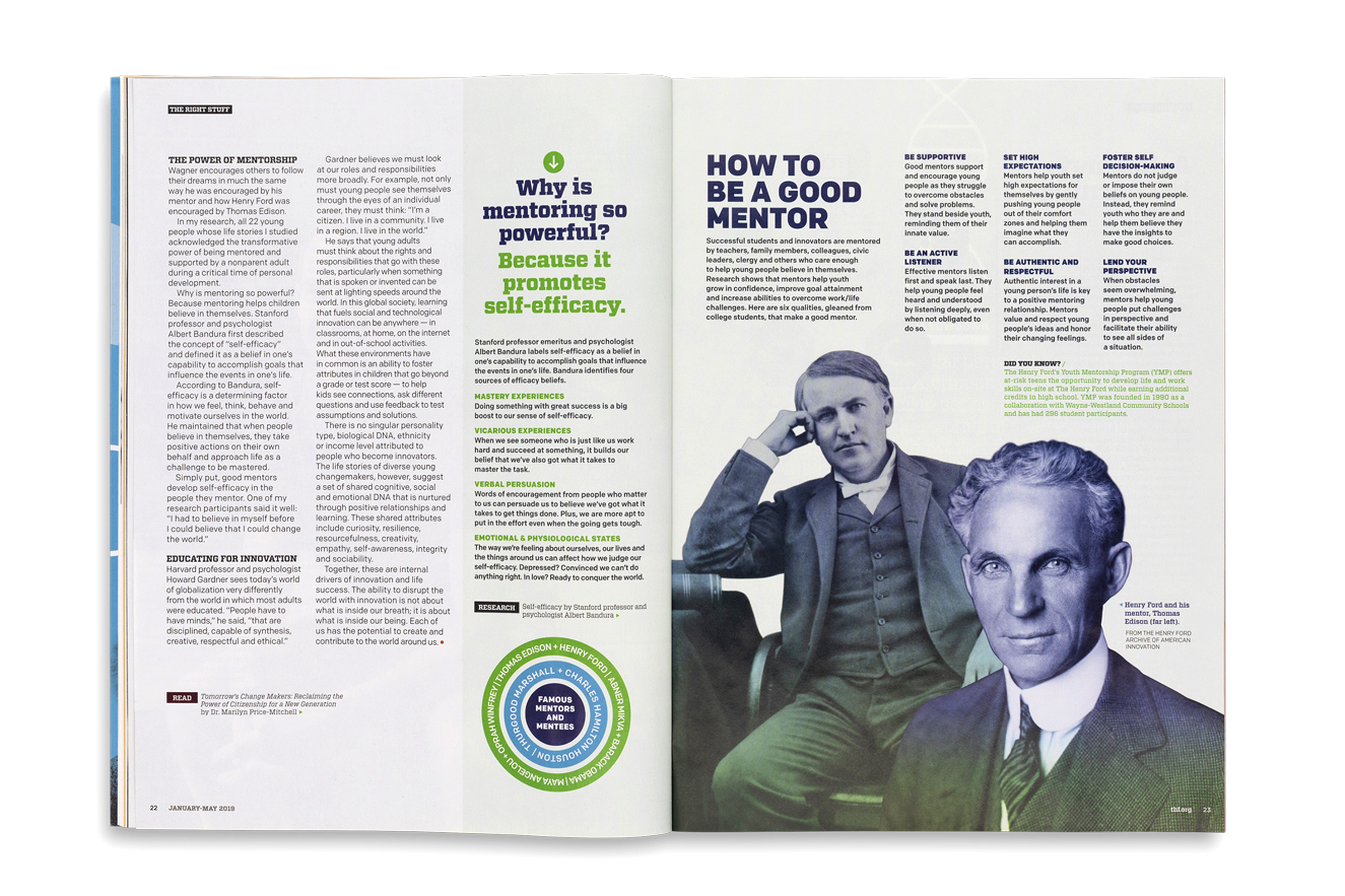 Mentoring feature spread from The Henry Ford Magazine