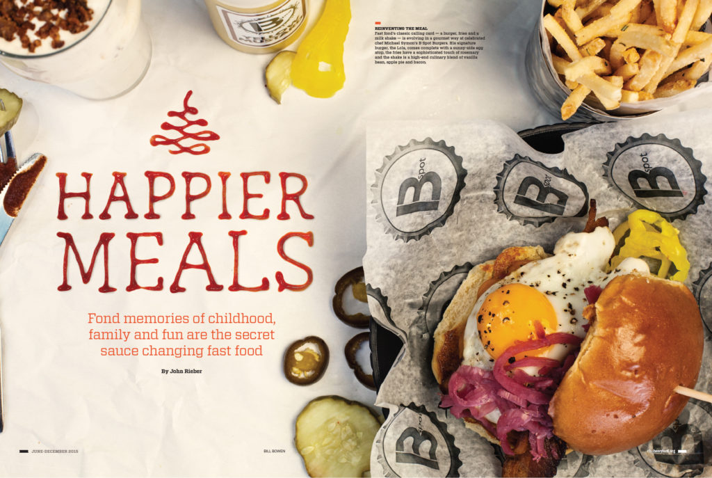 Happier Meals spread featuring title hand-lettered with ketchup from Visit Detroit magazine