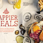 Happier Meals spread featuring title hand-lettered with ketchup from Visit Detroit magazine