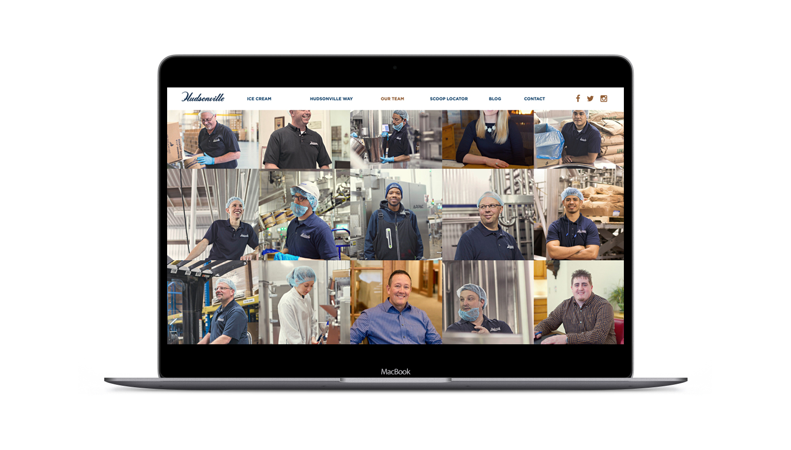 Hudsonville Ice Cream website page with grid of employee photos