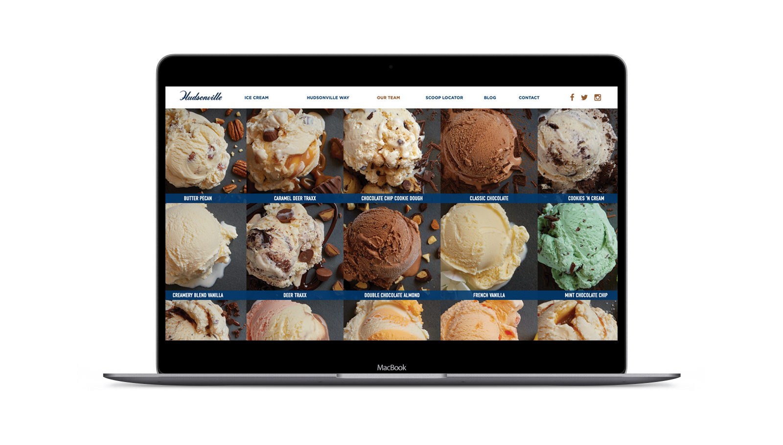 Hudsonville website page on laptop showing different flavored scoops of ice cream
