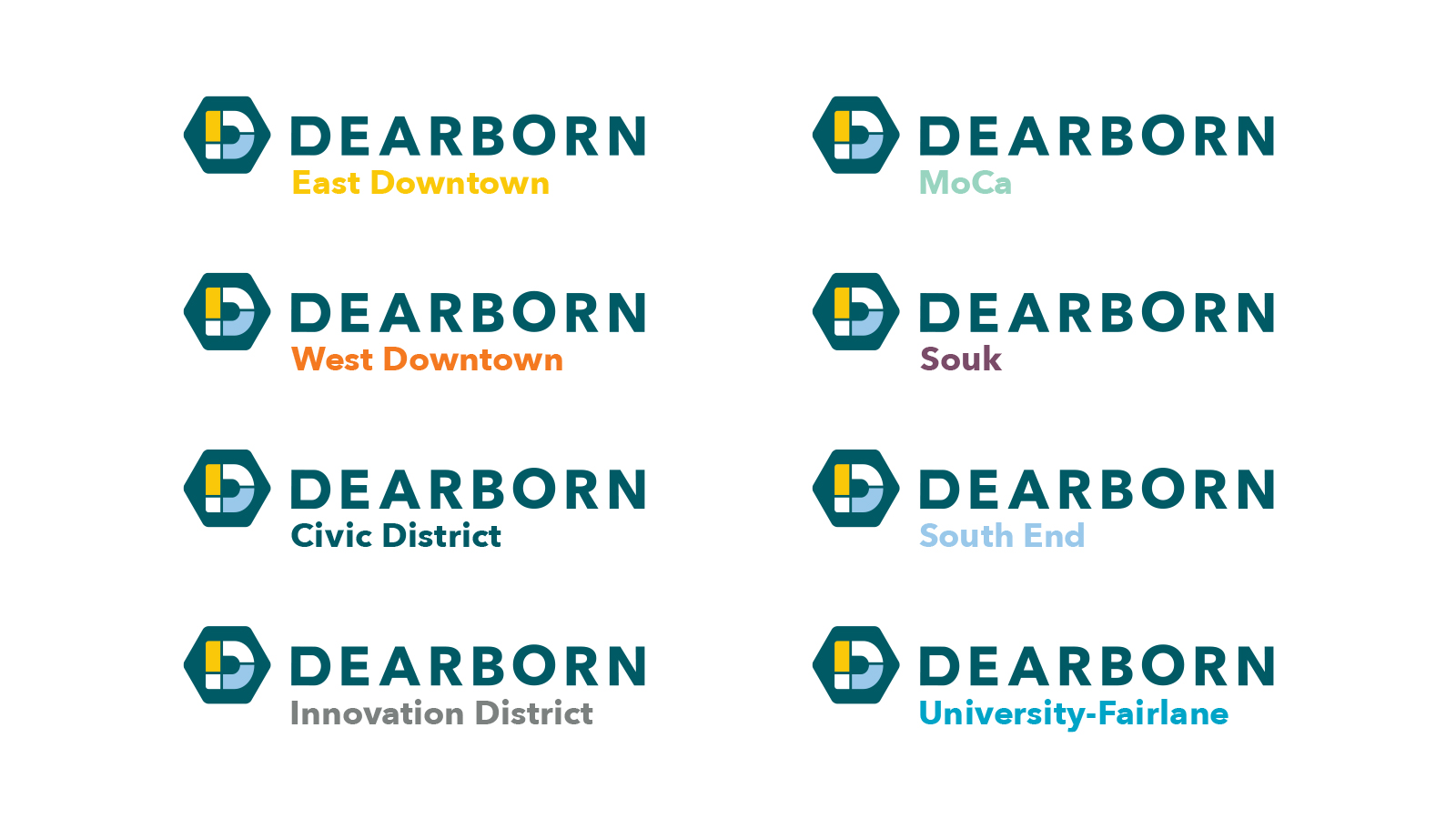 Eight versions of Dearborn logos for different districts