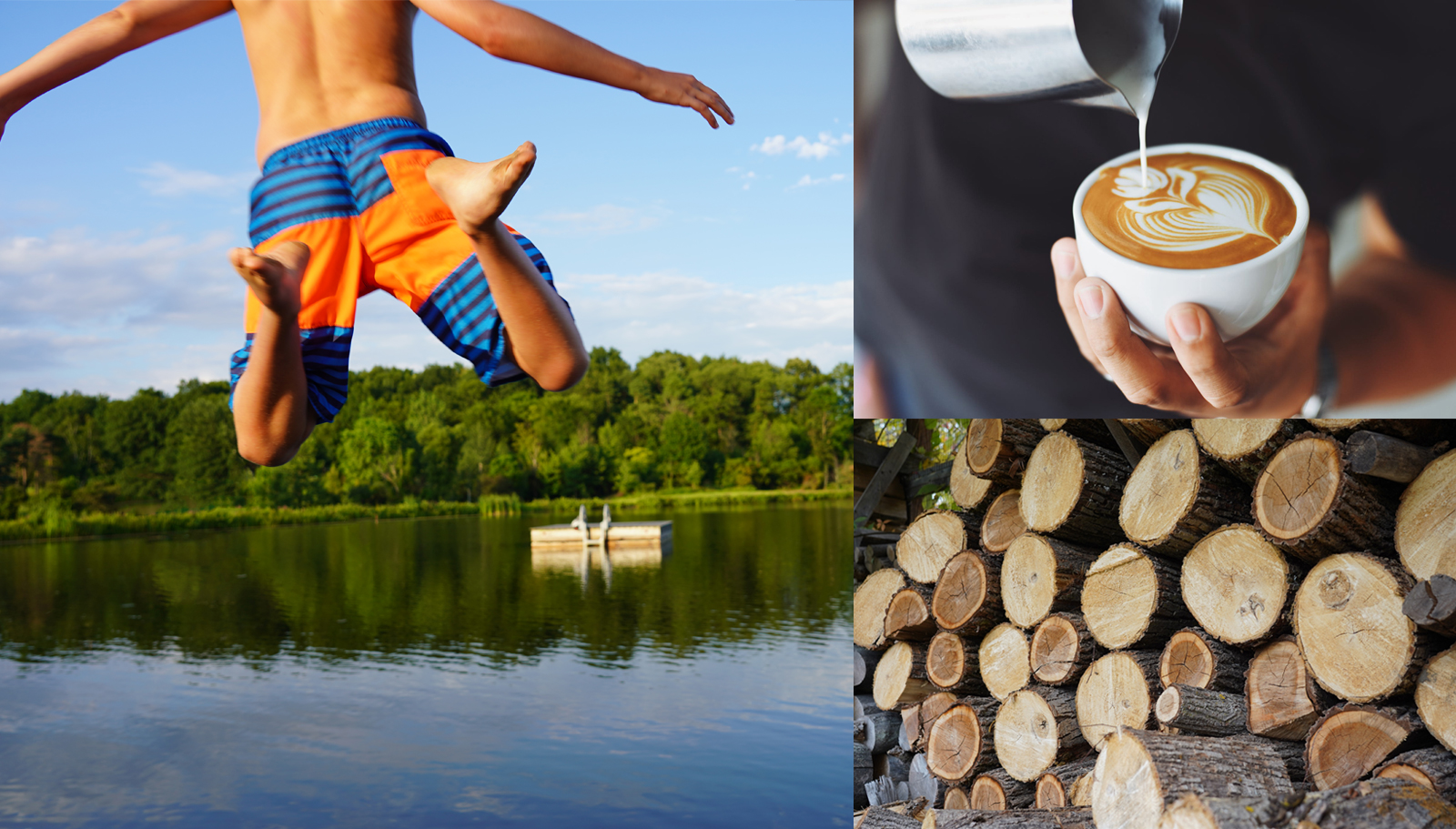 Photo collage of jumping in water, coffee and a pile of logs