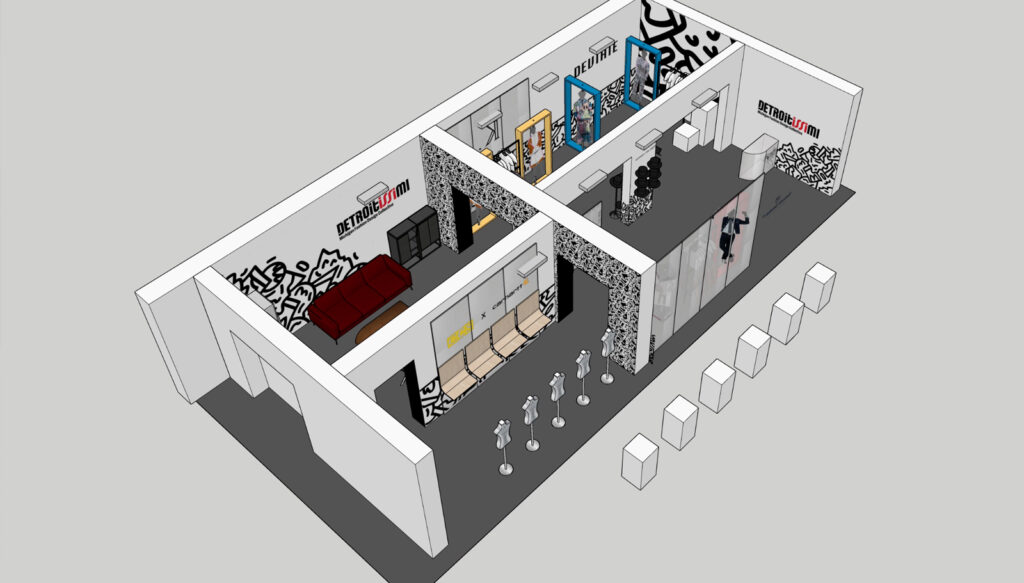 3D rendering of tradeshow space 3/4 view